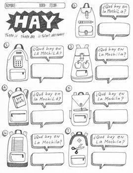 Students can practice working with the verb "haber" with this hand drawn worksheet. Students will answer the question "Que hay en la mochila?" for seven drawings. Each backpack has a different school related vocabulary item in it. This is a fun way for Teaching Verbs, Spanish Printables, Verb Practice, Spanish Classroom Activities, Spanish Lessons For Kids, Middle School Spanish, Esl Teaching Resources, Spanish Worksheets, Spanish Verbs