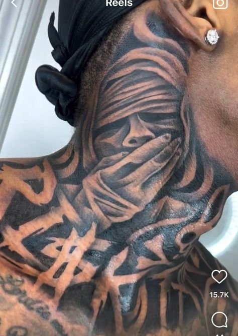 Neck Tattoo Shading, Whole Neck Tattoo, Unique Neck Tattoos For Men, Neck Tattoos For Black Men, Neck Tat Ideas, Eyebrow Tattoo Men, Face Neck Tattoo, Joker Neck Tattoo, Name On Neck Tattoo