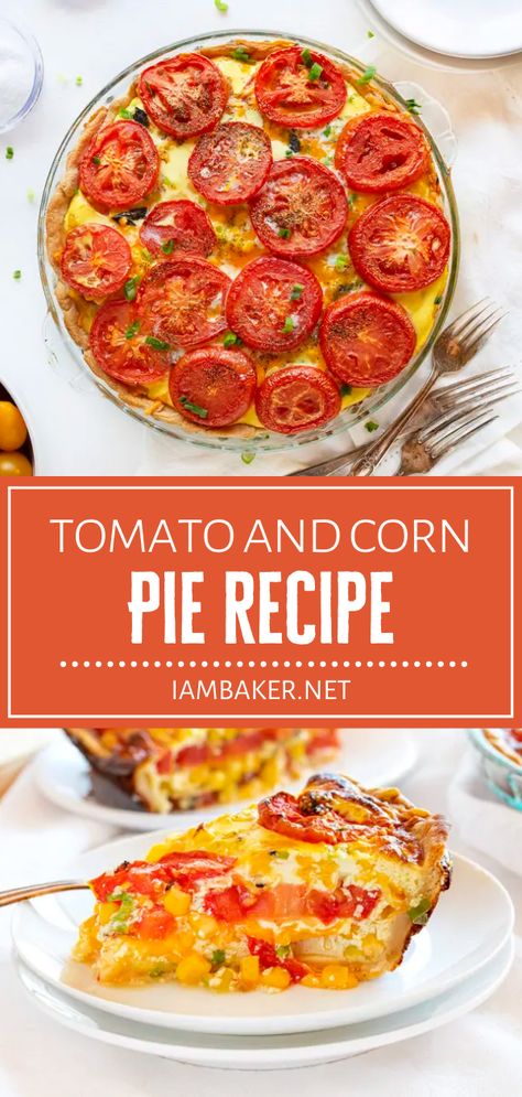 One bite of Tomato and Corn Pie will leave you craving for more! In this recipe, a pie crust is layered with cheeses, corn, tomatoes, then finished off with a custard topping. The entire family will love this hearty and tasty breakfast idea! Try it this summer! Tomato Corn Pie, Cheeses Corn, Turkey Pot Pie Casserole, Corn Pie, Everyday Dinners, Beef Pot Pies, Savory Pies, Tomato Pie, Tasty Breakfast