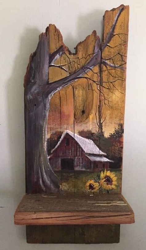 Paintings On Barnwood, Springtime Painting, Barn Wood Art, Tre Kunst, Painted Paddles, Wood Paintings, Artsy Painting, Barn Pictures, Driftwood Projects