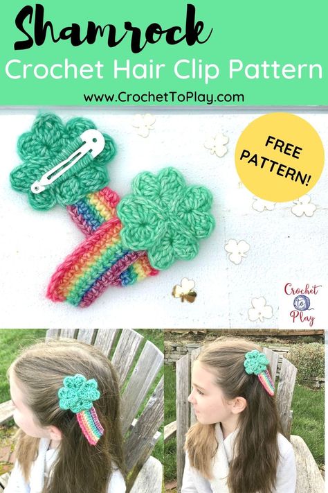 Make a cute shamrock and rainbow hair clip for St. Patrick's Day with this free crochet pattern! You'll learn how to crochet the four leaf clover and rainbow too. Crochet At Patrick’s Day, St Patrick's Day Crochet, St Patrick's Day Crochet Patterns Free, Crochet Hair Clips Free Pattern, St Patricks Day Crochet, Patrick Crochet, Shamrock Crochet, Crochet Shamrock, Crochet Hair Clip