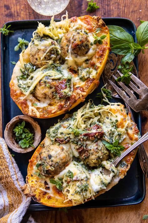 Garlic Butter Chicken Meatball Stuffed Spaghetti Squash | halfbakedharvest.com Healthy Dinner Whole 30, Turkey Meatballs And Spaghetti Squash, Apple Somas, All Natural Dinner Recipes, Goat Cheese Spaghetti Squash, Butternut Squash Meatballs, Spaghetti Squash With Meatballs, Recipes With Carrots Dinner, Spaghetti Squash Recipes Healthy Clean Eating