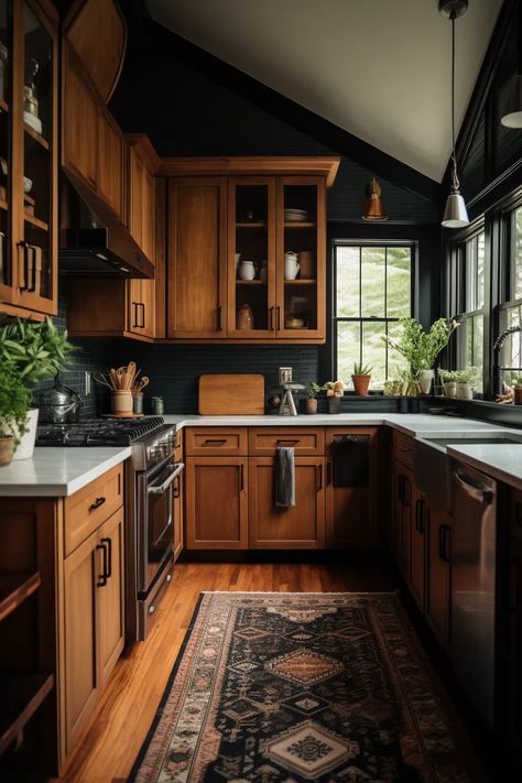 40+ Aesthetic Moody Farmhouse Kitchen Ideas Texas Interior Design Modern, Light Wood Dark Walls, Crunchy House Aesthetic, Dark Academia Modern House, Vintage Farmhouse Style Kitchen, House With Personality, Vintage Moody Kitchen, Vintage Modern Kitchen Ideas, Sultry Kitchen