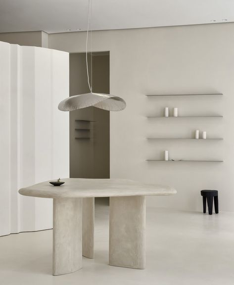 Ethereal Interior, Oversized Floor Lamp, Cloud Table, Papier Mache Art, Boutique Showroom, Steel Pendant Light, Utilitarian Design, Grey Interior Design, Stainless Steel Countertops