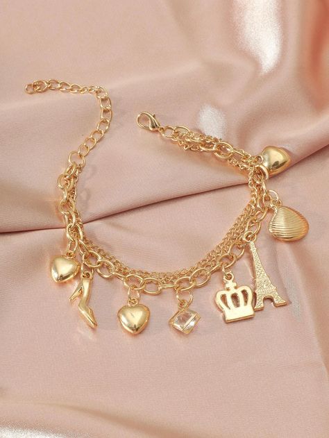 Heart & Crown Charm Layered Bracelet | SHEIN USA Charm Bracelet Aesthetic, Bracelet Aesthetic, Halloween Charm Bracelet, Braided Bracelet Diy, Butterfly Charm Bracelet, Shark Necklace, Crown Charm, Daily Wear Jewellery, Layered Bracelet