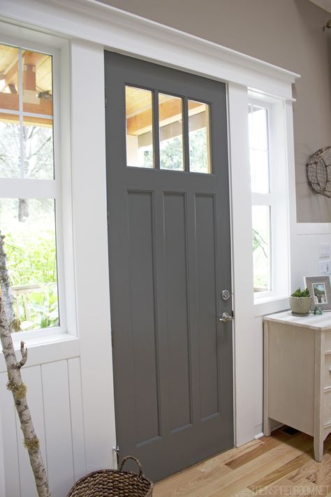 dark gray painted front door, BM Kendall Charcoal (The Inspired Room) Warm Grey Paint Colors, Kendall Charcoal, Front Door Paint Colors, Door Paint Colors, Painted Front Doors, White Paint Colors, White Dove, Front Door Colors, White French