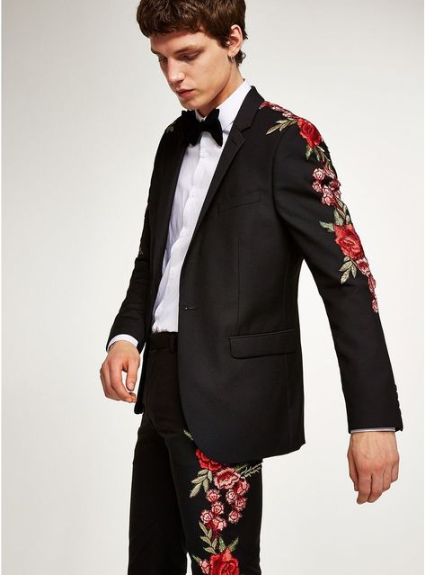 Black Skinny Suit With Red Embroidered Badges - New Arrivals - New In - TOPMAN USA Mens Suit Embroidery, Embroidered Suit Men, Floral Suit Men, Mariachi Suit, Embroidered Suits, Drawing Help, Embroidered Suit, Embroidered Badges, Velvet Suit