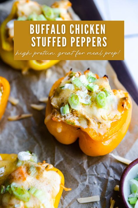 These delicious Buffalo Chicken Stuffed Peppers are an easy and convenient to make, and loaded with protein! There’s even some veggies snuck in for extra flavor and nutrients, making this a healthy dish for busy weeknights! Buffalo Chicken Stuffed Peppers, Buffalo Wing Sauce, Healthy Buffalo Chicken, Chicken Stuffed, Chicken Stuffed Peppers, Buffalo Sauce, Ground Chicken, Healthy Dishes, Buffalo Chicken