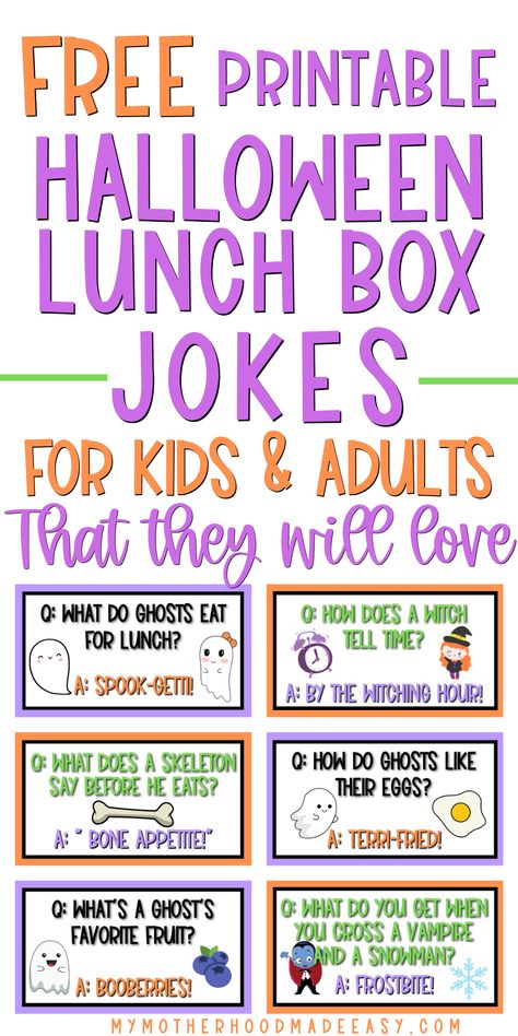 31+ Funny Halloween Jokes for Kids Lunch Box Notes [+FREE Printable] – My Motherhood Made Easy Halloween Jokes For Kids Free Printable, Halloween Jokes For Kids Hilarious, Halloween Kids Jokes, Halloween Lunchbox Jokes, Halloween Jokes For Kids, Halloween Lunch Ideas, Halloween Lunch Box Notes, School Lunch Notes, Funny Halloween Jokes