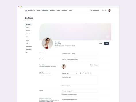 My details settings page — Untitled UI by Jordan Hughes® on Dribbble Web Design Inspiration Layout, Web Application Ui, Analytics Design, Profile Website, Ui Website, Web Portfolio, Profile Images, Social Media Advertising Design, Useful Things