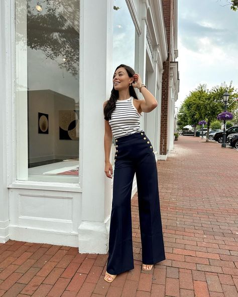 Kat Jamieson on Instagram: "—— The navy blue trouser every woman needs in her wardrobe paired with a simple stripe tank from @sezane. #ad #sezane #sezanelovers" Navy Stripe Top Outfit, Navy Blue Trousers Outfit, Blue Trousers Outfit, Striped Top Outfit, Kat Jamieson, Navy Blue Trousers, Trouser Outfit, Blue Trousers, The Navy