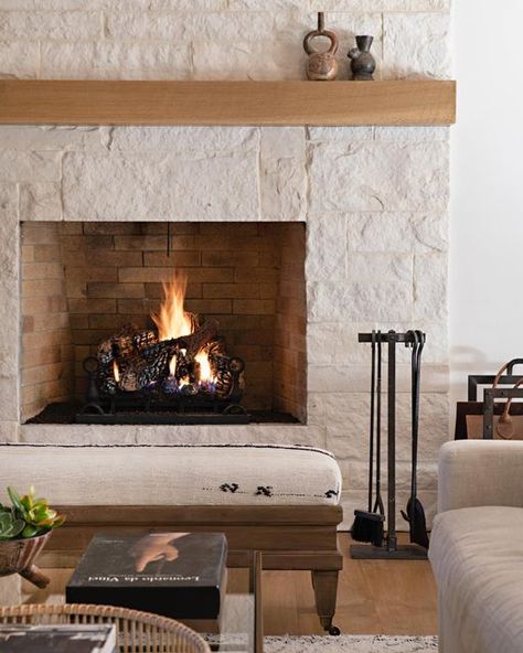 Intimate Living Interiors on Instagram: "Time to get cozy by my favorite fireplace. #fallfavorites @intimatelivinginteriors photography @karynmillet" White Fireplace Ideas, Modern Farmhouse Fireplace Ideas, Intimate Living Interiors, Black Brick Fireplace, Farmhouse Fireplace Ideas, White Wash Brick Fireplace, Modern Farmhouse Fireplace, Oak Mantle, Sleek Fireplace