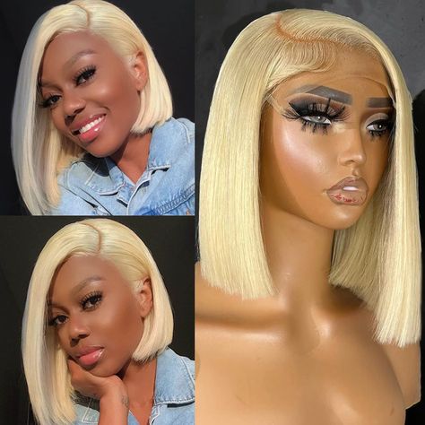 13x4 Bob Wig 613 Blonde Transparent Lace Front Human Hair Wig Remy Brazilian Short Straight Colored Honey Blonde Color, Straight Bob Wig, Full Lace Frontal, Blonde Bob Wig, 613 Blonde, Lace Frontal Wigs, Wig Short, Straight Bob, Wig Human Hair