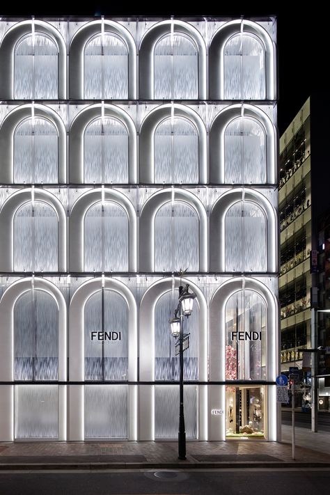 Fendi Ginza Six - Picture gallery Mall Facade, Hotel Facade, Retail Facade, Fashion Drawing Sketches, Ginza Six, Facade Lighting, Glass Structure, Boutique Decor, Ancient Buildings