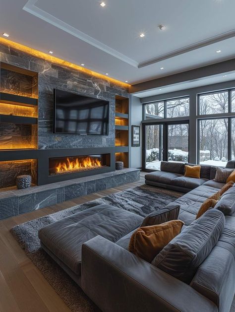 Dark Grey Couch, Dark Couch, Fireplace Walls, Plan Furniture, Grey Couch, Decor Ideas For Living Room, Home Decor Cozy, Cushion Couch, Dream Apartment Decor