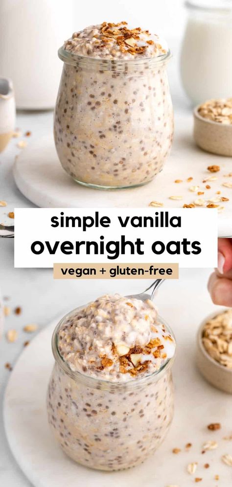 Vanilla overnight oats are healthy, vegan, gluten-free, and easy to make! The simple recipe is made in a jar with chia seeds, dairy-free yogurt, and almond milk. This meal prep breakfast idea is great for kids, busy families, and weight loss. You can add mix-ins and toppings, like protein powder and almond butter. They require just 5 minutes of prep time! #overnightoats #overnightoatmeal #oatmeal #oatmealrecipes #healthybreakfast #veganbreakfast #glutenfreevegan #mealprep #makeahead Cold Oats Recipe Overnight Oatmeal Chia Seeds, Easy Overnight Oats Healthy Almond Milk, Overnight Oats And Chia Seeds In A Jar, Over Night Oats And Chia Seeds, Overnight Oats With Oat Milk No Yogurt, Overnight Oatmeal With Yogurt, Overnight Oats Healthy Coconut Milk, Overnight Oats Nut Free, Overnight Oats Almond Milk No Yogurt