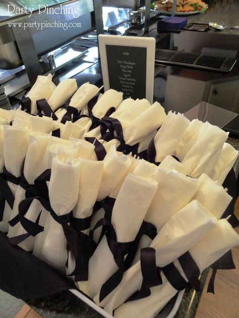 Make cutlery a little more festive with these diploma napkin bundles. | 31 Grad Party Ideas You'll Want To Steal Immediately Grad Party Ideas, College Grad Party, Graduation Food, Backyard Graduation Party, Senior Graduation Party, Graduation Party Foods, Graduation Party High, Graduation Open Houses, Graduation Party Diy