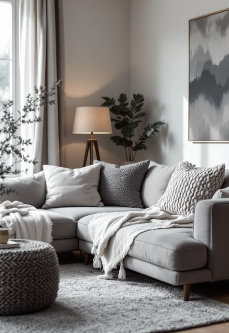 Grey Couch Living Room Light Gray Sectional Living Room Decor, Couch Aesthetic Cozy, Gray Couch Styling, Grey Couch Living Room Ideas Cozy, Grey Couches Living Room Decor, Living Room Designs Grey Couch, Grey Couch Aesthetic, Light Grey Couch Living Room, Gray Couch Living Room Ideas