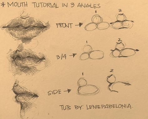 learn how to draw eye, nose and mouth/lips in 3 different angles How I Draw Hands, How To Draw Faces From Different Angles, Realistic Drawings For Beginners, How To Draw A Head, How To Draw Realistic Faces, Drawing Lashes, Hatching Shading, Lips Drawing Tutorial, Aesthetic Sketch Ideas