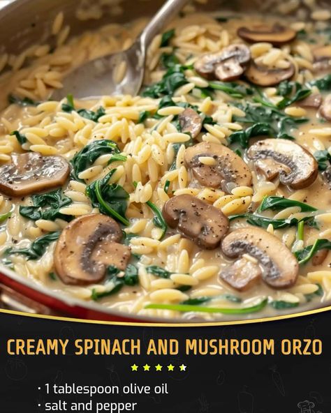 Spinach Mushroom Orzo, Mushroom Orzo, Creamy Orzo, Spinach And Mushroom, How To Cook Mushrooms, Creamy Spinach, Farm Food, Spinach Stuffed Mushrooms, Magic Recipe