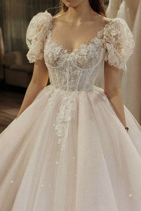 Aesthetic Wedding Dresses Vintage, Fairy Wedding Dress Aesthetic, Aesthetic White Wedding Dress, Vintage Wedding Dress Princess, Ballgown Style Wedding Dresses, Wedding Dresses Shoulder Cover, Bride Dress Aesthetic Fairy, White Fairy Wedding Dress, Corset Wedding Dresses With Sleeves