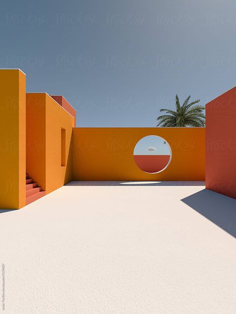 Colorful Modern Architecture, Post Modernism Architecture, Orange Building Aesthetic, Liminal Architecture, Moodboard Orange, Boho Architecture, Orange Interiors, Orange Building, Orange Architecture