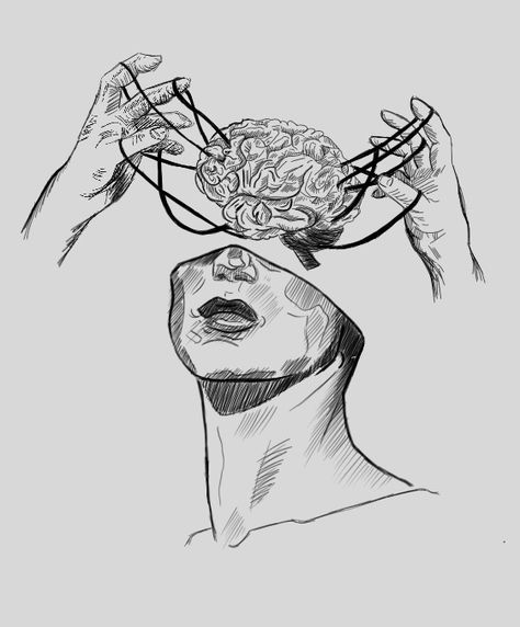 Brain In Head Drawing, Trapped In My Own Mind Sketch, Exploding Head Tattoo, Rotting Brain Drawing, Busy Mind Drawing, Psychology Sketches, Get Out Of My Head Art, Brain Sketch Art, Mind Drawing Thoughts