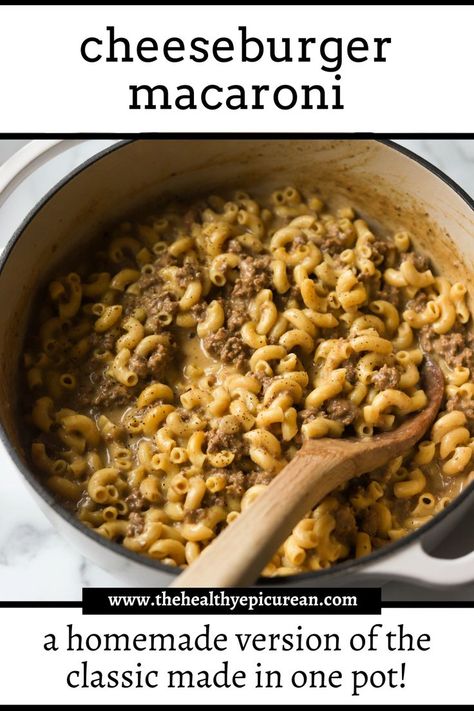 A side shot of a pot of cheeseburger macaroni. Hamburger Mac And Cheese, Cheeseburger Mac And Cheese, Beef Mac And Cheese, Cheeseburger Mac, Cheeseburger Macaroni, Easy Pasta Dinner Recipes, Homemade Cheeseburgers, Mac And Cheese Casserole, Cheeseburger Pasta