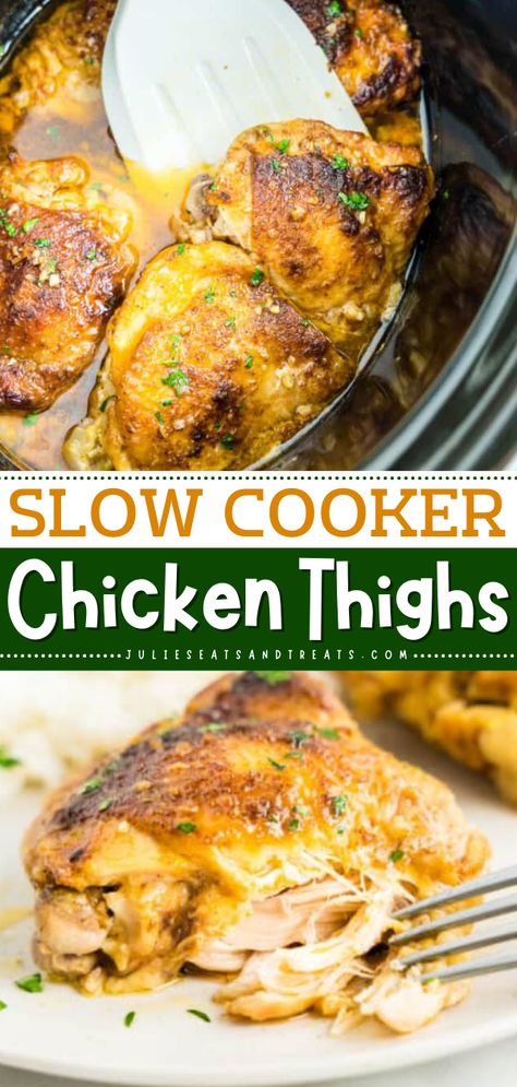 Out of slow cooker chicken ideas? Try these delicious Slow Cooker Chicken Thighs! This chicken recipe is juicy, tender, and perfect for busy weeknights or lazy weekends. Add this to your best slow cooker recipes for the family! Chicken Hindquarters In Crockpot, Slow Cooker Thigh Recipes, Easy Chicken Thigh Recipes Crockpot Slow Cooker, Chicken Thigh Recipes For Crockpot, Delicious Crock Pot Recipes, Chicken Thighs In Crock Pot Recipes, Keto Chicken Thigh Crockpot Recipes, Rustic Slow Cooker Chicken, Chicken Thigh Recipe Crockpot