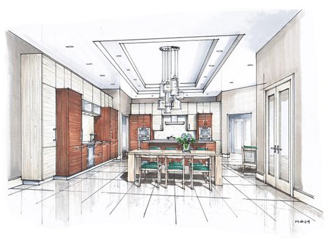 Kitchen Rendering by Mick Ricereto Interior Design Renderings, Drawing Interior, Interior Design Drawings, Interior Design Sketch, Interior Design Sketches, Interior Sketch, Interior Illustration, Interior Rendering, Architecture Sketch