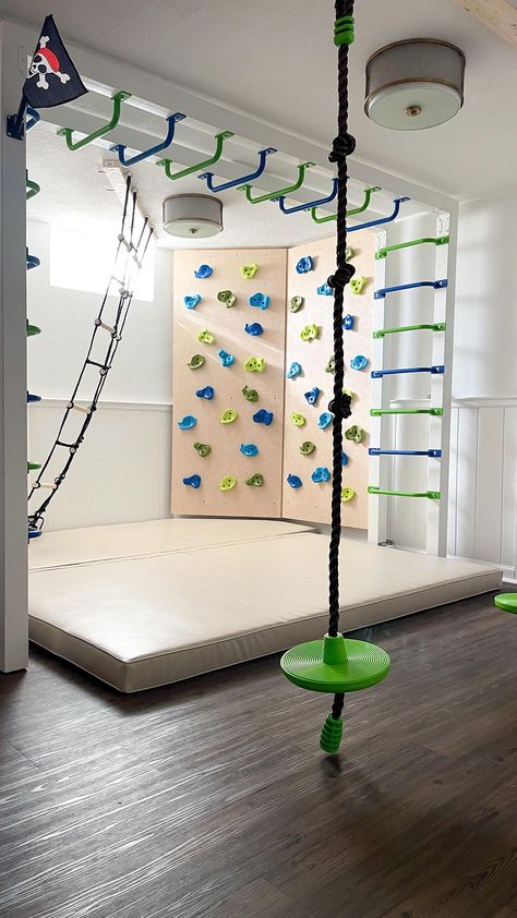 Gail Disner 💙 The Southern Gail | Want to impress your kiddos AND keep them busy with a sensory gym??? Hi! I’m Gail and I’m building a sensory gym in my basement for my 2... | Instagram Diy Sensory Gym At Home, Basement Rock Wall, Basement Sensory Gym, Rock Wall Basement, Things To Have In Your House, Indoor Kids Gym Playroom, Diy Indoor Rock Wall For Kids, Basement Ninja Course, Kids Gameroom Ideas