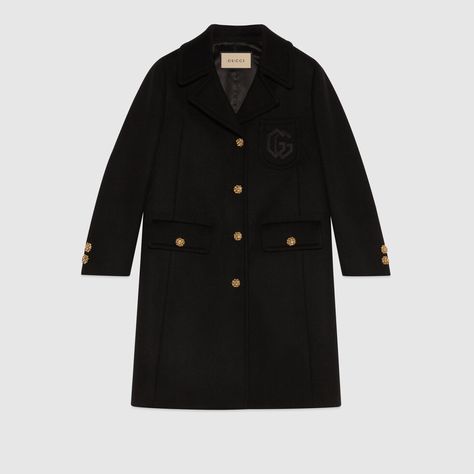 G Embroidery, Gucci Jackets, Gucci Clothes, Gucci Coat, Gucci Jacket, Black Wool Coat, Wool Dress, Coat Fashion, Black Wool