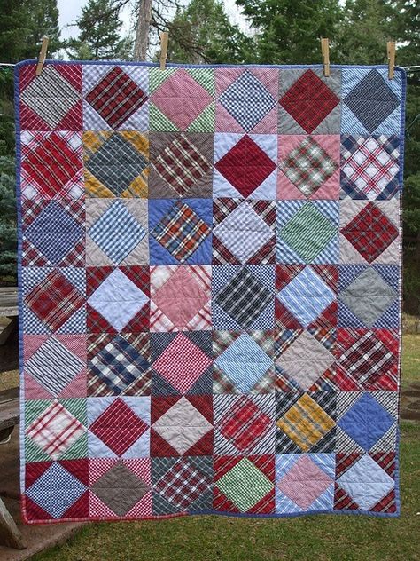 Idea for Flannel Quilt                                                                                                                                                                                 More Quilt Shirt, Moving Blankets, Flannel Quilts, Plaid Quilt, Man Quilt, Scrappy Quilt, Memory Quilt, Shirt Quilt, Scrappy Quilts