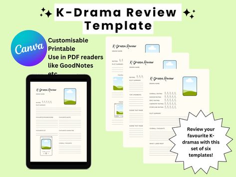 Set of six Kdrama review templates. Customisable and for digital use or printable. Kdrama Review Template, Digital Notes Template, Kdrama Journal, Learning Template, Review Template, Goodnotes Template, Digital Notes, Notes Template, Learn Korean