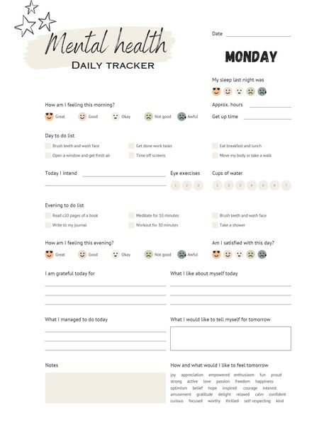 Mental Wellness Journal, Daily Tracker Template, Mental Health Journaling Printable, Daily Routine Schedule Mental Health, Bullet Journal Health Tracker, Wellbeing Tracker, Mental Organization, Mental Health Tracker, Mental Health Journaling