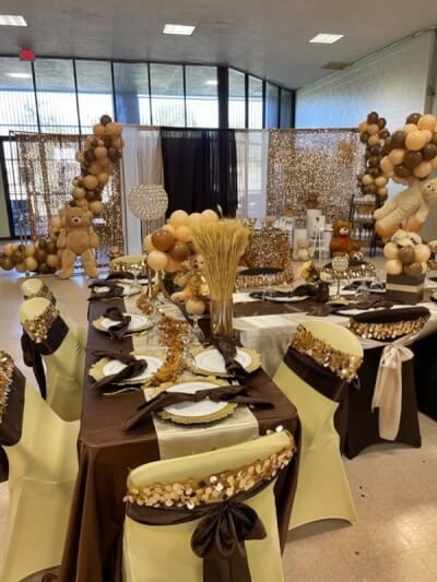 Brown And White Decorations Party, Melanin Themed Party Decor, Brown Cream And Gold Party Decor, Brown And Gold Centerpieces, Brown And Gold Decor, Brown Party Table Decor, Shades Of Brown Party Table Decor, Chocolate Table Decorations, Brown And Gold Party