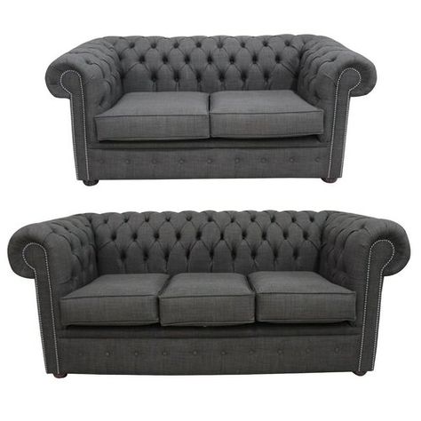 Mika Chesterfield 2 Piece Sofa Set Marlow Home Co. Grey Sofa Set, Chesterfield Sofa Living Room, Dining Room Colour Schemes, Velvet Sofa Living Room, Chesterfield Furniture, Luxury Sofa Living Room, Two Seater Couch, Timeless Sofa, Grey Fabric Sofa