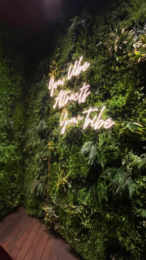 Leaf Wall With Neon Sign, Green Wall Neon Sign, Live Green Wall, Plant Wall With Neon Sign, Green Garden Aesthetic, Grass Wall Backdrop, Wall Greenery, Foliage Wall, Living Green Wall