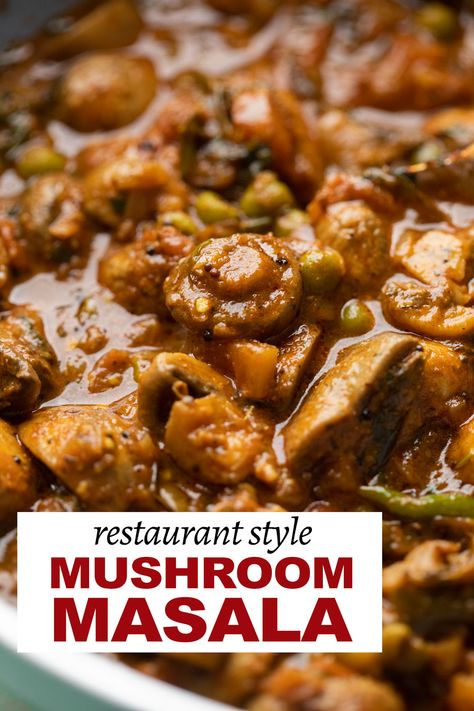 Closeup of mushroom masala to show texture of the curry with text overlay Mushroom Masala Indian, Mushroom Peas Curry, Masala Mushroom Recipe, Mushroom Mattar Masala, Indian Mushroom Recipe, Mushroom Curry Indian, Mushroom Gravy Recipe Indian, Indian Dinner Recipe, Peas Recipe Indian