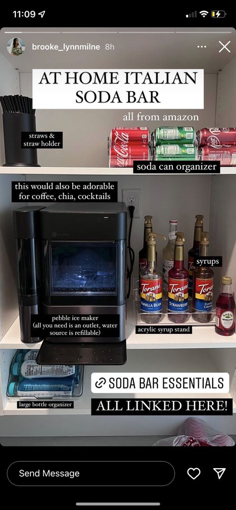 At Home Soda Bar, Soda Machine In House, Drink Syrup Station, Soda Station Drink Bar, Home Soda Bar, Dirty Soda Bar Drink Stations, Home Drink Station, Soda Bar Drink Stations, Soda Bar Ideas