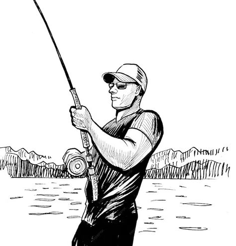 Premium Photo | Fisherman with a spinning fishing rod. Ink black and white drawing, Man Fishing Drawing, Fishing Drawing, Fishing Silhouette, Fishing Illustration, Man Fishing, Drawn Fish, White Drawing, Fish Drawings, Fish Man