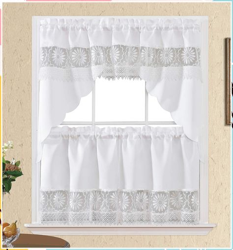 GOHD Daisy Dream. Kitchen Cafe Curtain Set for Small Windows. Satin Fabric with Matching Color Daisy Embroidery and Lace. (White, Swag and 24 inches Tiers Set) Kitchen Curtain Designs, Ocean Home Decor, Small Curtains, Daisy Embroidery, Beige Curtains, Kitchen Curtain Sets, Cafe Curtain, Tier Curtains, Kitchen Cafe