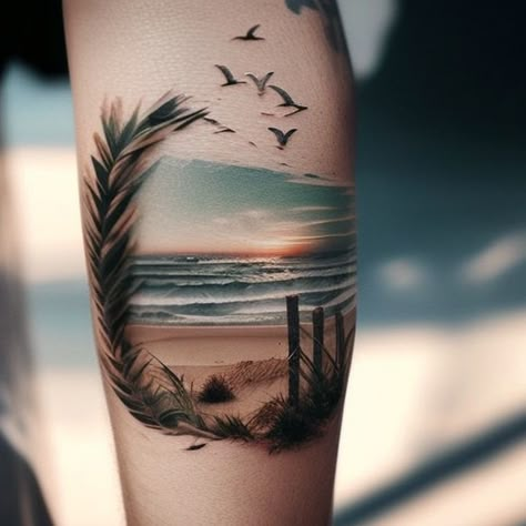 Mahalo Ke Akua Tattoo, Boardwalk Tattoo Ideas, Sunset And Ocean Tattoo, Seaglass Tattoo Ideas, Sunset Tattoos For Women Color, Florida Beach Tattoo, Ocean And Beach Tattoos, Beach Tattoo Ideas Sleeve, Half Sleeve Beach Tattoos For Women