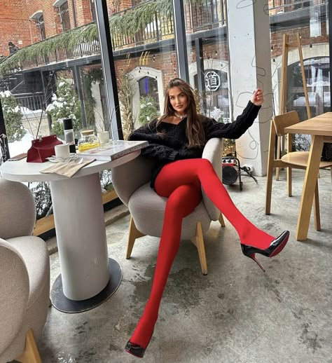 Red Stockings Outfit, Laughing Girl, Red Pantyhose, Pantyhose Outfit, Silky Legs, Colored Tights Outfit, Leggings Winter, Tights Outfits, Legs Outfit