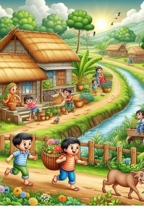 A 77 pieces jigsaw puzzle from Jigidi Village Life Drawing, Village Life Painting, Village Scene Painting, Village Scene Drawing, Free Cartoon Characters, Wedding Couple Cartoon, Iphone Wallpaper For Guys, School Wall Art, Cartoon Love Photo