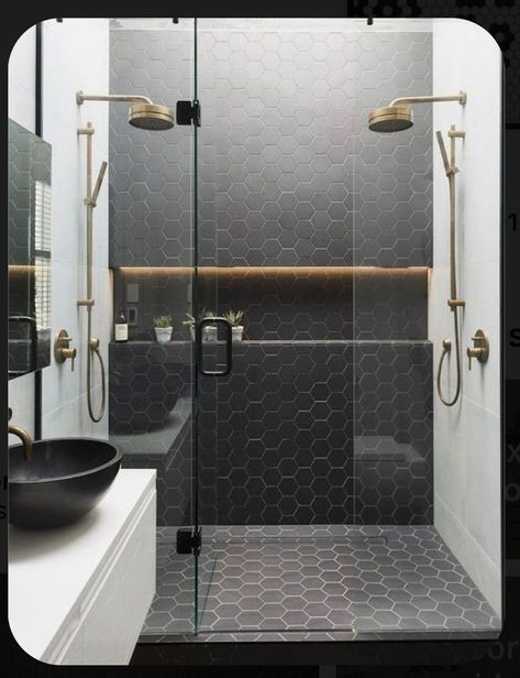 Black And White Bathroom, Bathroom Shower Design, Shower Niche, Bathroom Shower Tile, Trendy Bathroom, Wood Bathroom, Bathroom Layout, Bath Room, Shower Remodel