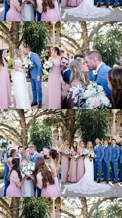 Light Blue Groom Suit Bridesmaid Dresses, Dusty Blue And Blush Wedding Groomsmen, Pink Bridesmaid Blue Groomsmen, Groomsmen And Bridesmaids Colors Summer, Pink And Blue Groomsmen Attire, Blue Suit And Pink Dress, Groomsmen With Pink Bridesmaid, Blue Groomsmen Suits And Bridesmaids, Powder Blue Groomsmen