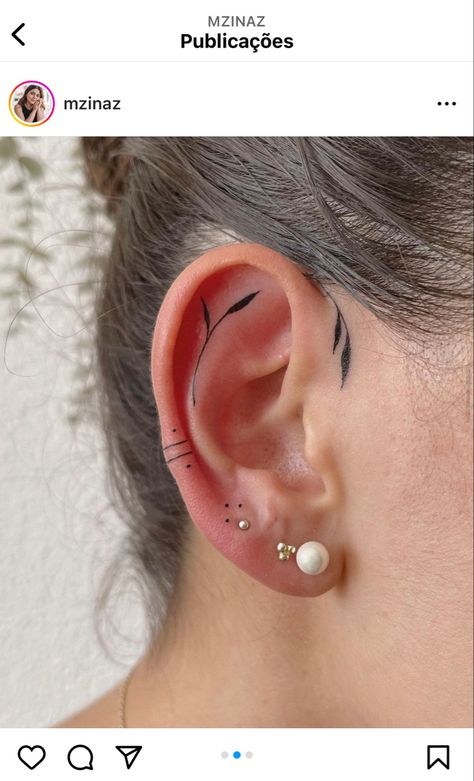 Fine line and botanial ear tattoo Behind Ear Fine Line Tattoo, Upper Ear Tattoo, Libra Ear Tattoo, Fine Line Back Of Neck Tattoo, Ear Fine Line Tattoo, Fine Line Ear Tattoos, Hearing Aid Tattoo, Ear Line Tattoo, Fine Line Tattoo Behind Ear