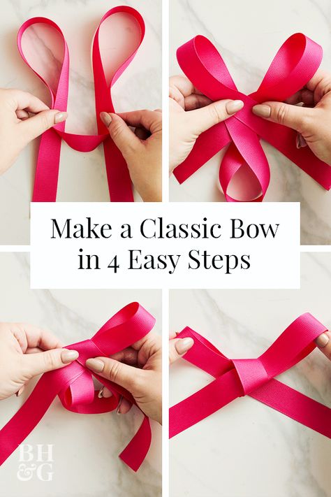 Bows add polish to packages, wreaths, and all kinds of holiday decorating, and these beauties do it with style and ease. #flowerbow #howtomakeabow #giftbow #bhg Gift Basket Bows Diy, Family Movie Night Gift, Diy Gifts Ideas, Diy Gift Bow, Bow Tying, Bow Making Tutorials, Movie Night Gift Basket, Easy Bow, Diy Bouquet Wrap