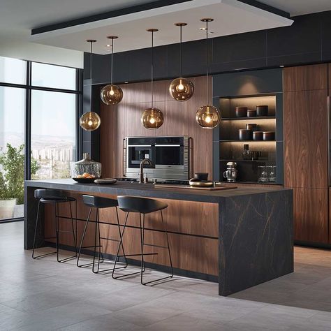 15+ Innovative Layouts and Decor Ideas for Contemporary Kitchen Design • 333+ Images • [ArtFacade] Shaped Kitchen With Island, Black Countertops With Wood Cabinets, Industrial Kitchen Design Inspiration, Modern Urban Kitchen, Modern Brown Kitchen, Dark Oak Kitchen, Dark Kitchen Countertops, Kitchens 2024, Modern Oak Kitchen